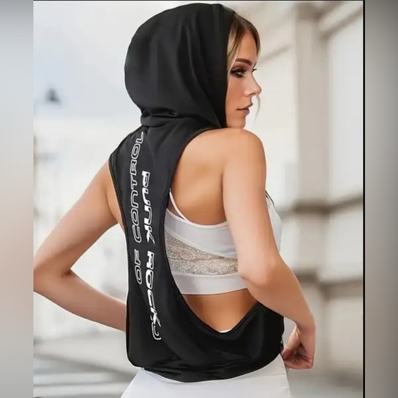 Tops - Black Sleeveless Open Sides Gym Hoodie, Drawstring Lightweight Large